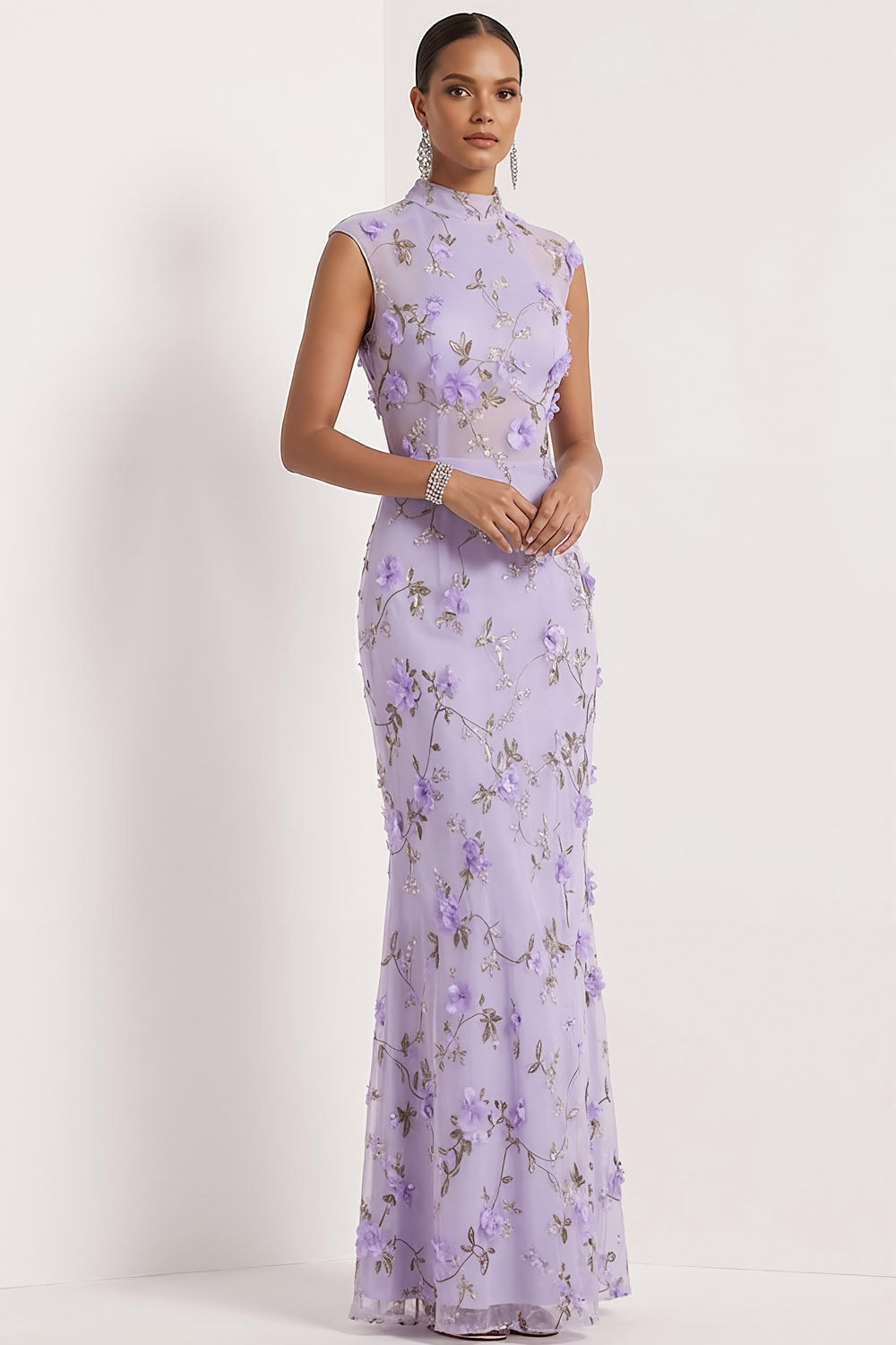 Lilac Floral Wedding Guest Dress Mermaid High Neck Maxi Dress 