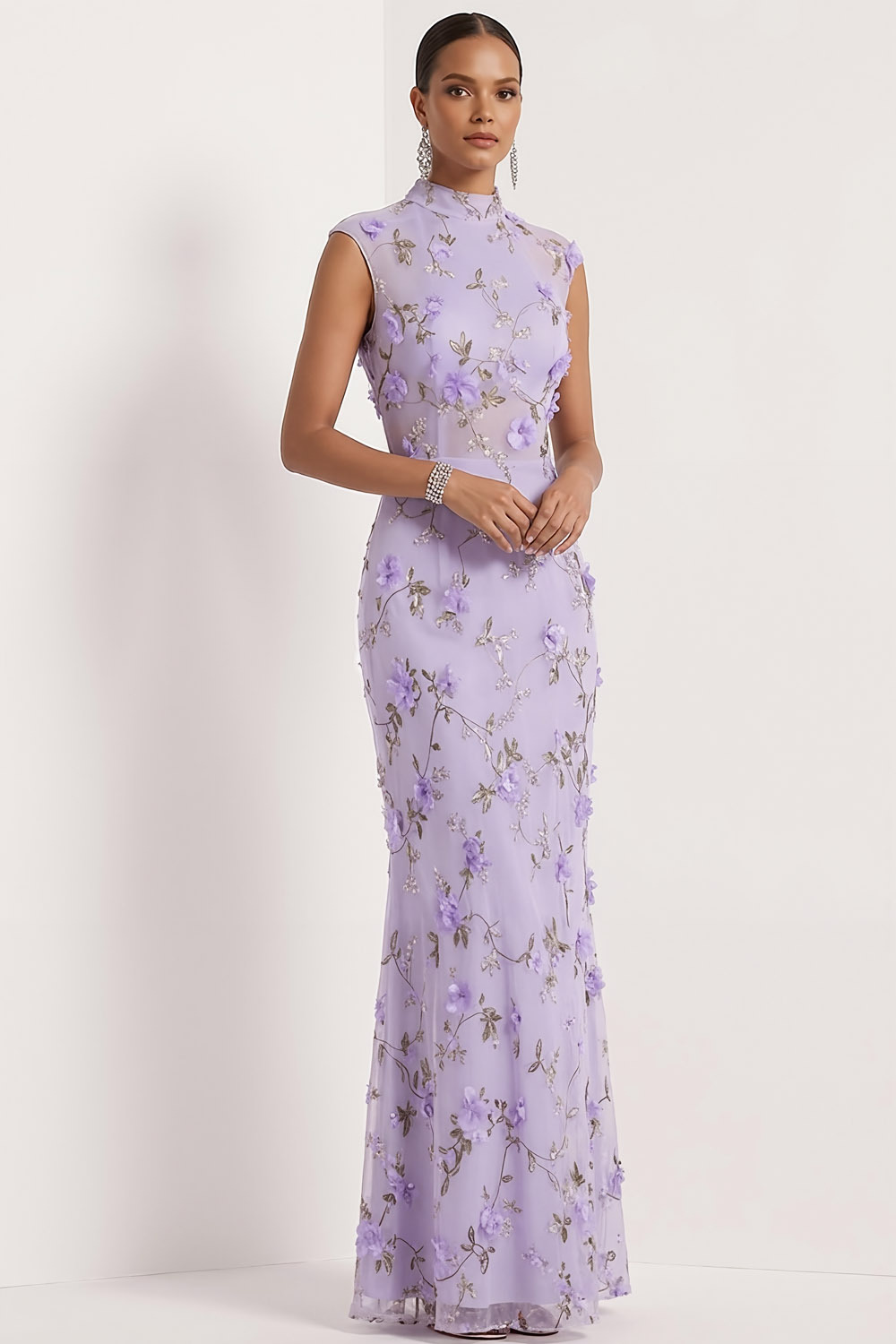 Lilac Floral Wedding Guest Dress Mermaid High Neck Maxi Dress 
