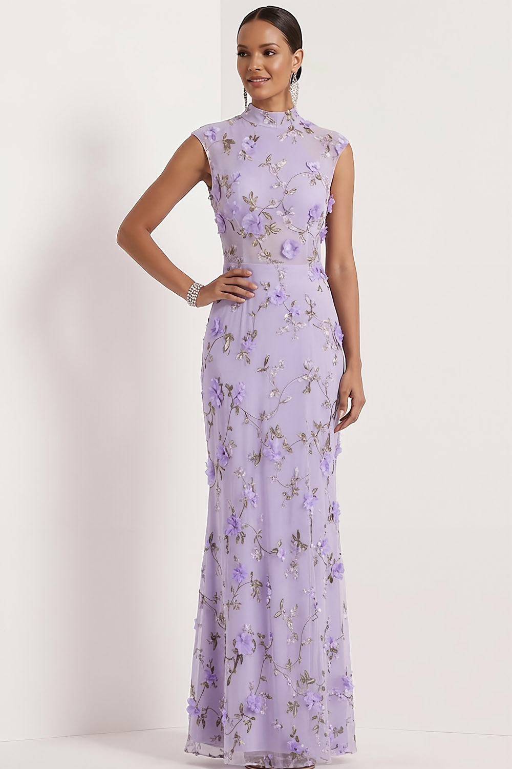 Lilac Floral Wedding Guest Dress Mermaid High Neck Maxi Dress 
