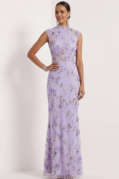 Lilac Floral Wedding Guest Dress Mermaid High Neck Maxi Dress 