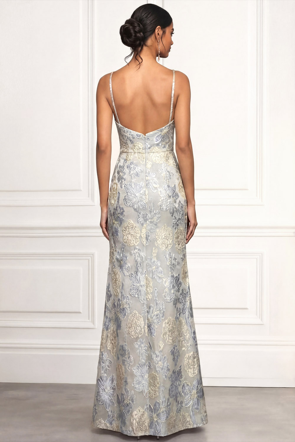 Dusty Blue Floral Wedding Guest Dress Spaghetti Straps Maxi Dress with Slit