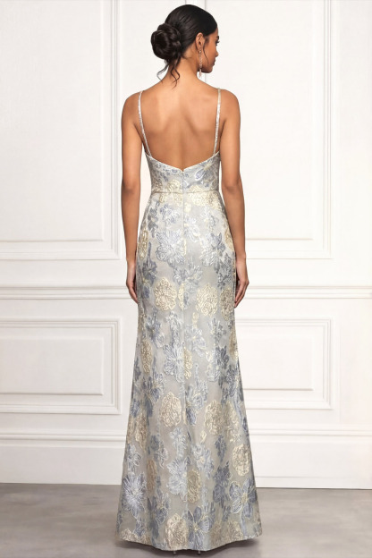 Dusty Blue Floral Wedding Guest Dress Spaghetti Straps Maxi Dress with Slit