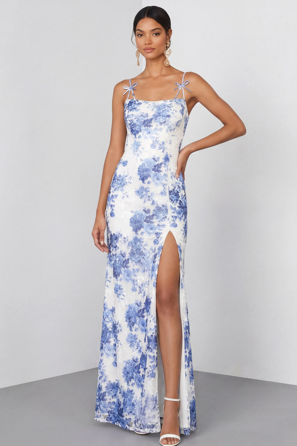 Light Blue Floral Wedding Guest Dress Spaghetti Straps Maxi Dress with Slit