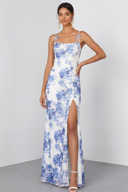 Light Blue Floral Wedding Guest Dress Spaghetti Straps Maxi Dress with Slit