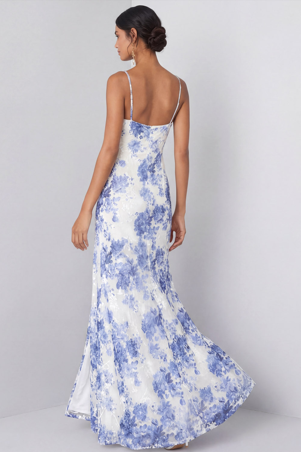 Light Blue Floral Wedding Guest Dress Spaghetti Straps Maxi Dress with Slit