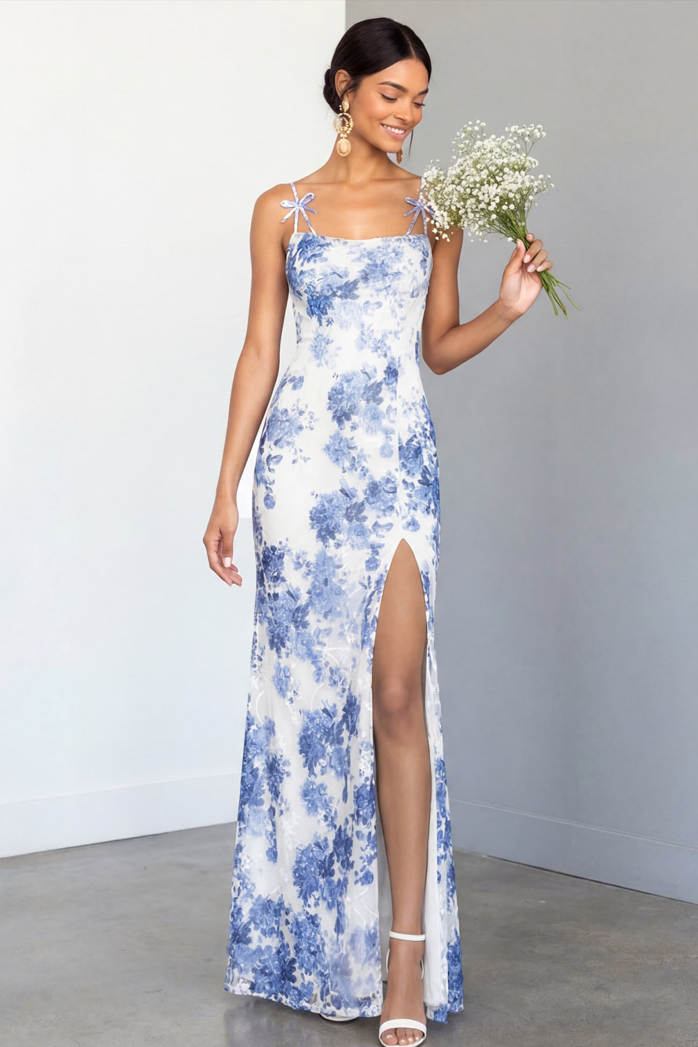 Light Blue Floral Wedding Guest Dress Spaghetti Straps Maxi Dress with Slit
