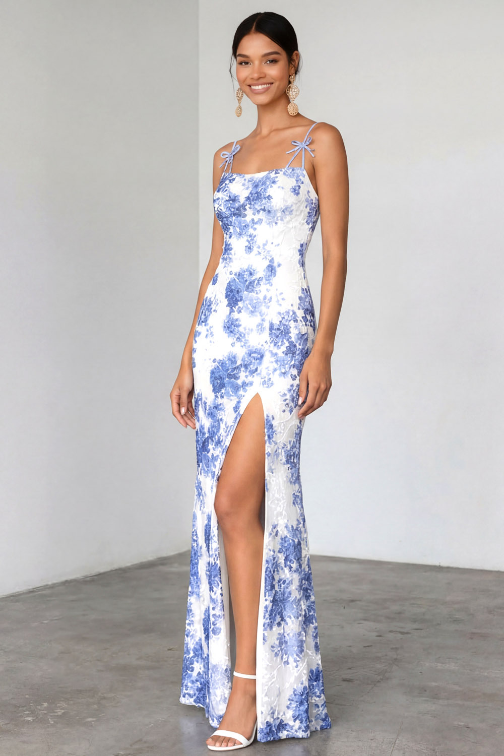 Light Blue Floral Wedding Guest Dress Spaghetti Straps Maxi Dress with Slit