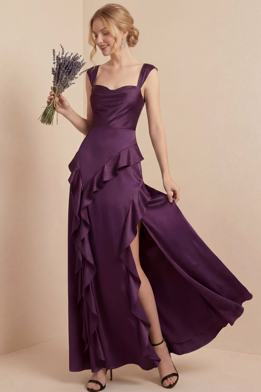 Purple Formal Evening Dress Sheath Straps Satin Maxi Dress with Slit