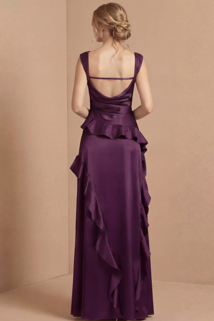 Purple Formal Evening Dress Sheath Straps Satin Maxi Dress with Slit