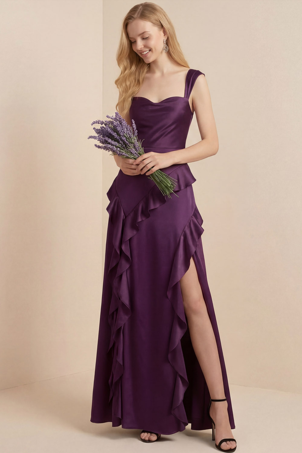 Purple Formal Evening Dress Sheath Straps Satin Maxi Dress with Slit