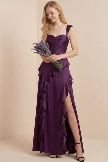 Purple Formal Evening Dress Sheath Straps Satin Maxi Dress with Slit