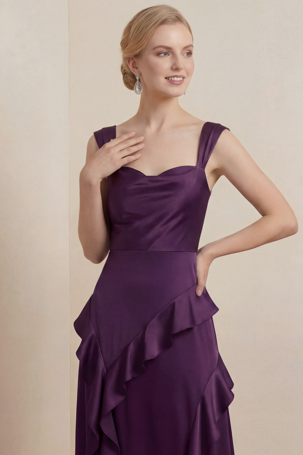 Purple Formal Evening Dress Sheath Straps Satin Maxi Dress with Slit
