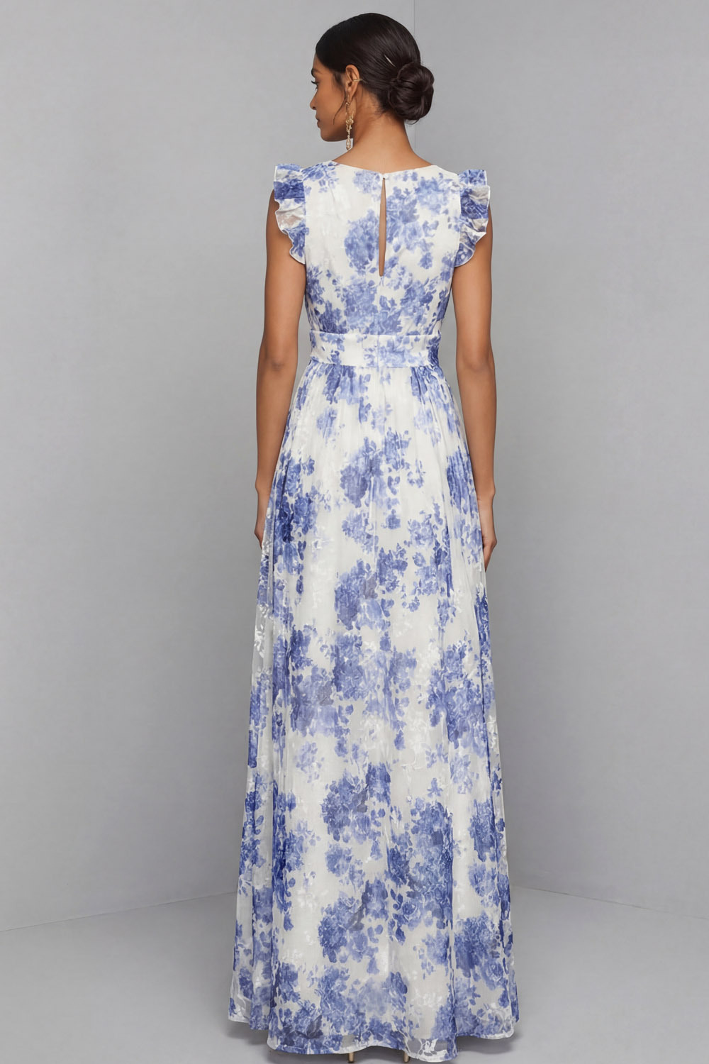 Blue Floral Wedding Guest Dress V-Neck Maxi Dress with Slit