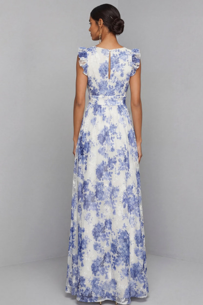 Blue Floral Wedding Guest Dress V-Neck Maxi Dress with Slit