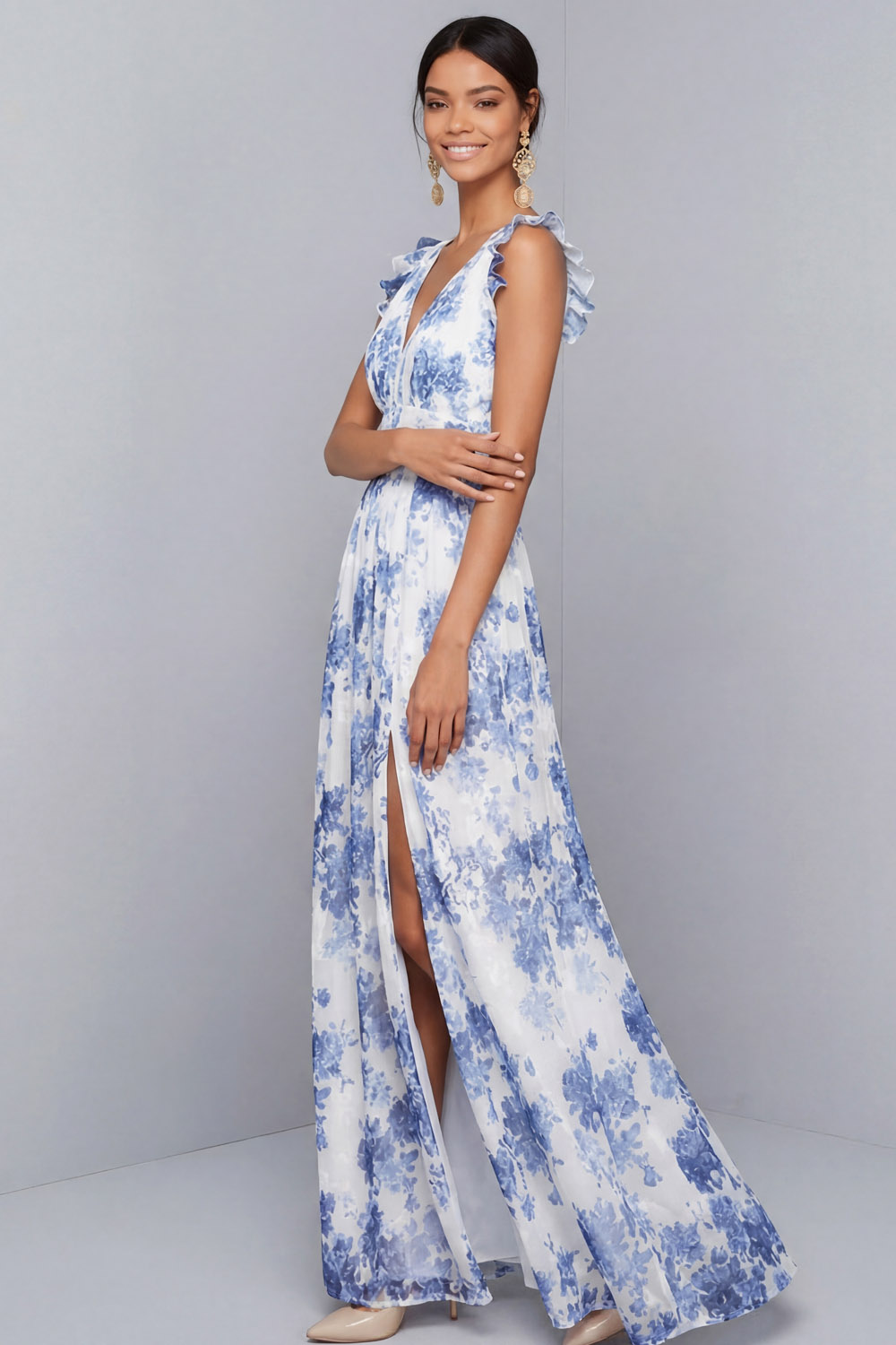 Blue Floral Wedding Guest Dress V-Neck Maxi Dress with Slit