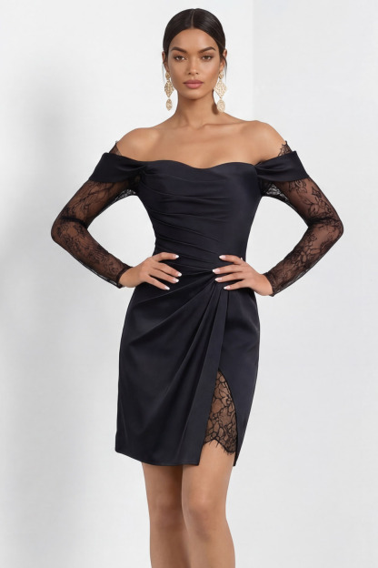 Black Cocktail Party Dress​​ Off the Shoulder Long Sleeve Mini Dress 