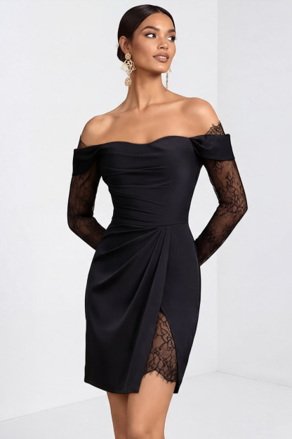 Black Cocktail Party Dress​​ Off the Shoulder Long Sleeve Mini Dress 