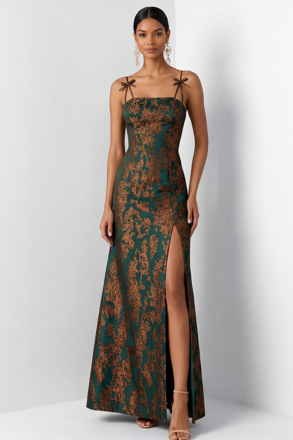 Peacock Green Floral Wedding Guest Dress Spaghetti Straps Maxi Dress with Slit