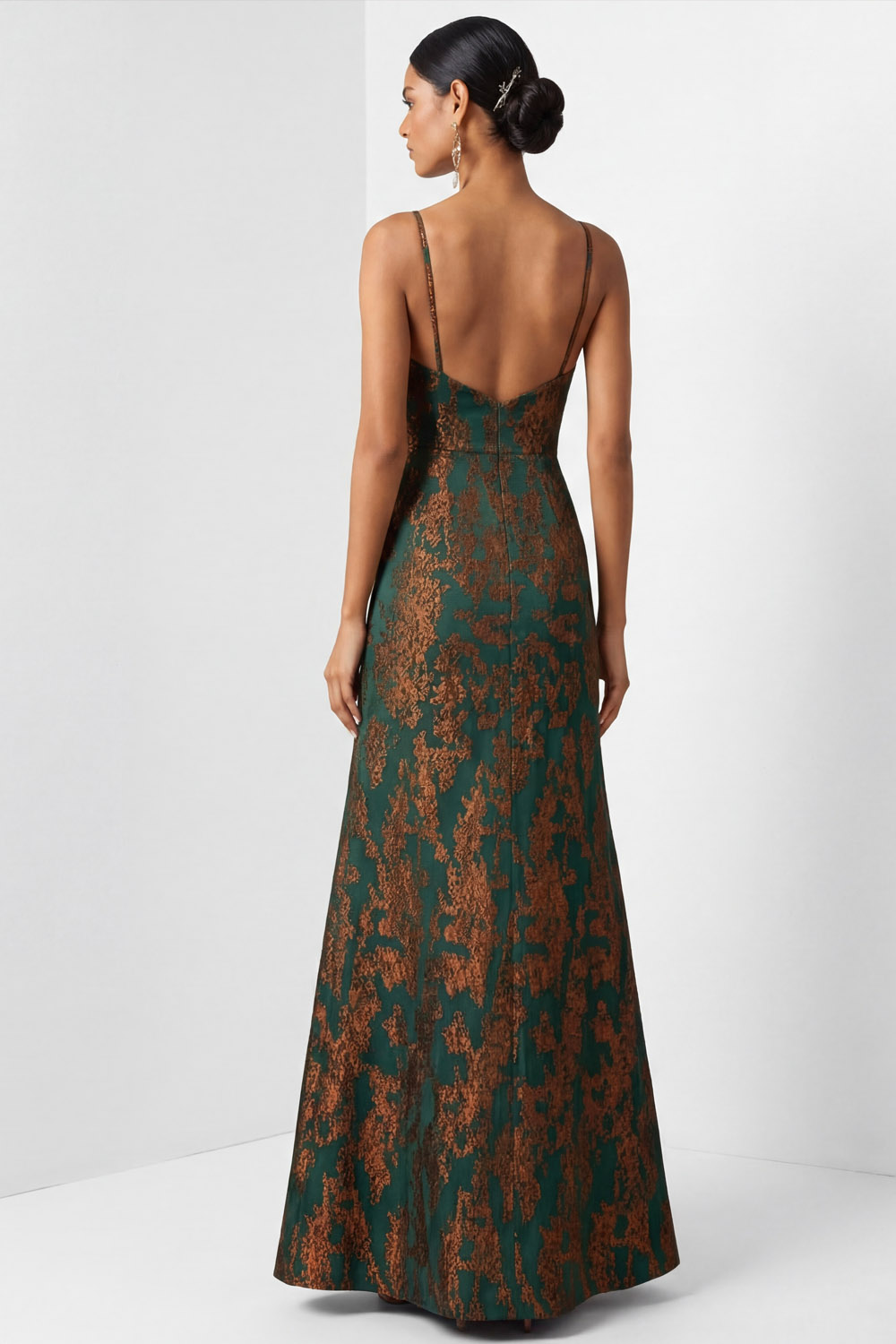 Peacock Green Floral Wedding Guest Dress Spaghetti Straps Maxi Dress with Slit
