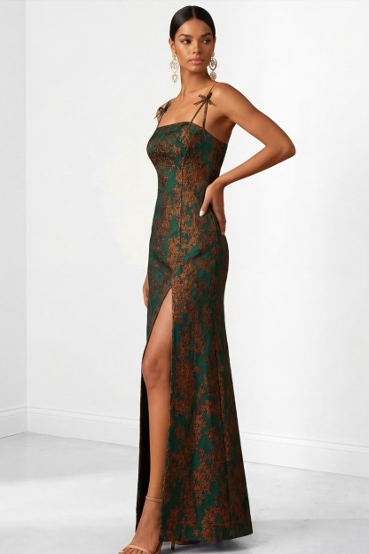 Peacock Green Floral Wedding Guest Dress Spaghetti Straps Maxi Dress with Slit