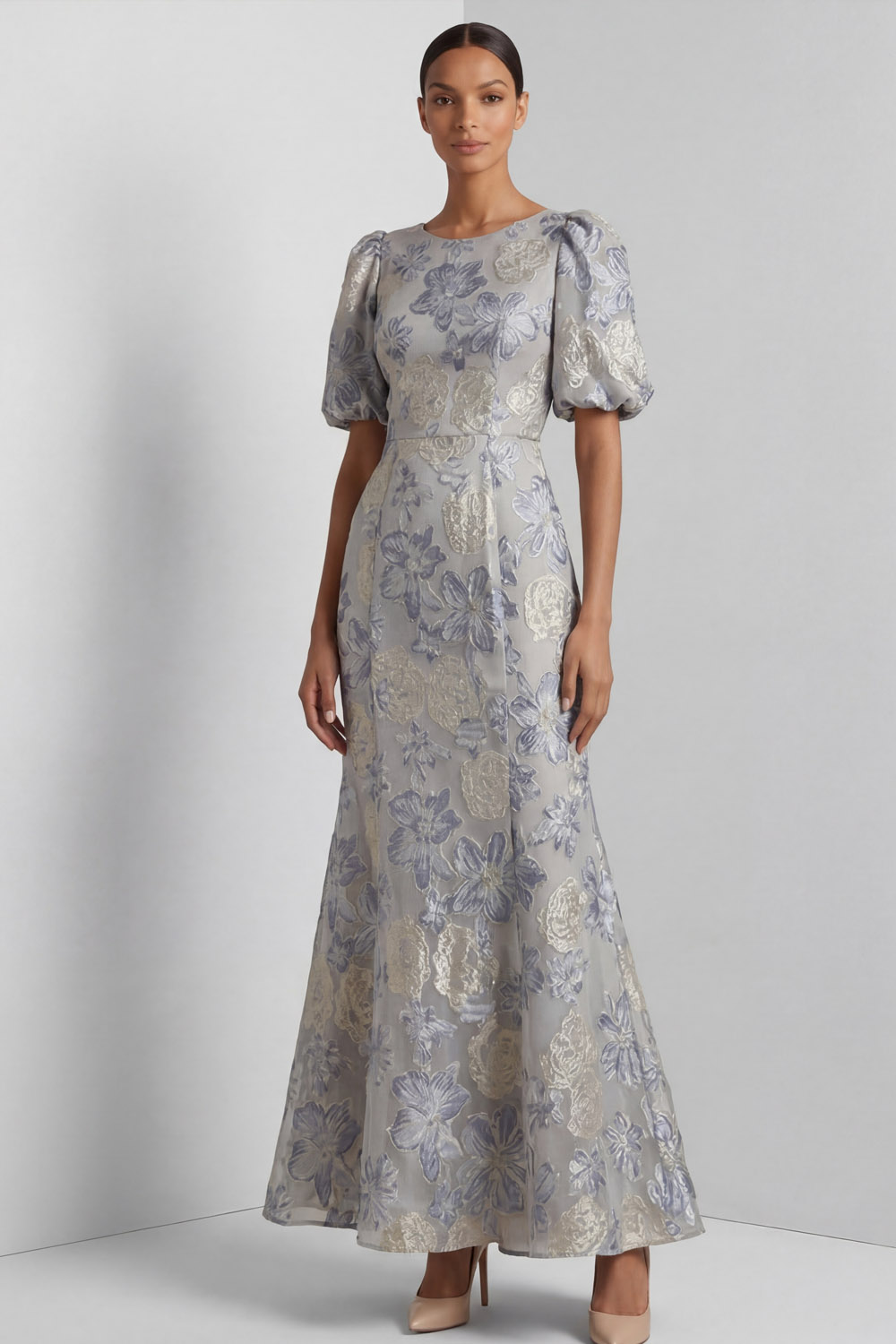 Dusty Blue Floral Wedding Guest Dress Puff Sleeve Maxi Dress
