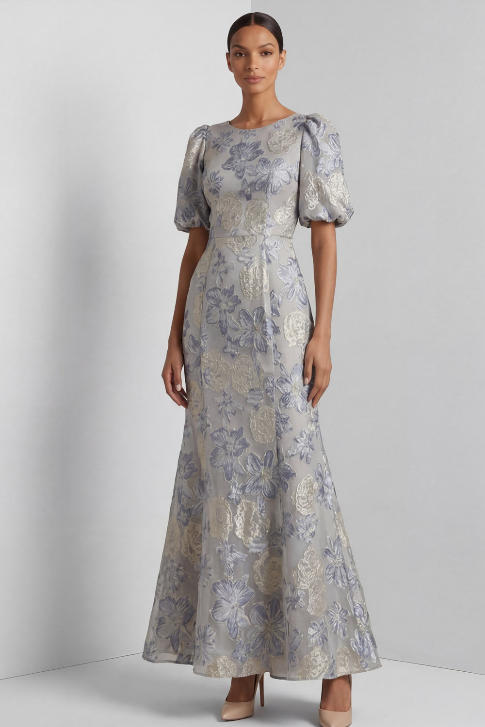 Dusty Blue Floral Wedding Guest Dress Puff Sleeve Maxi Dress