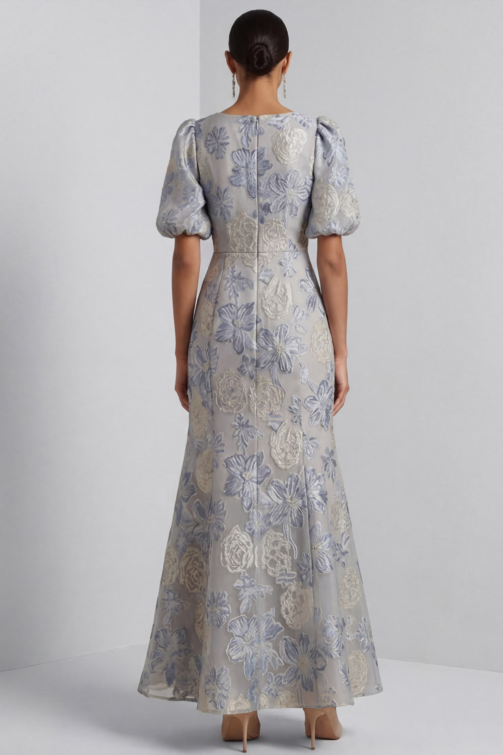 Dusty Blue Floral Wedding Guest Dress Puff Sleeve Maxi Dress 