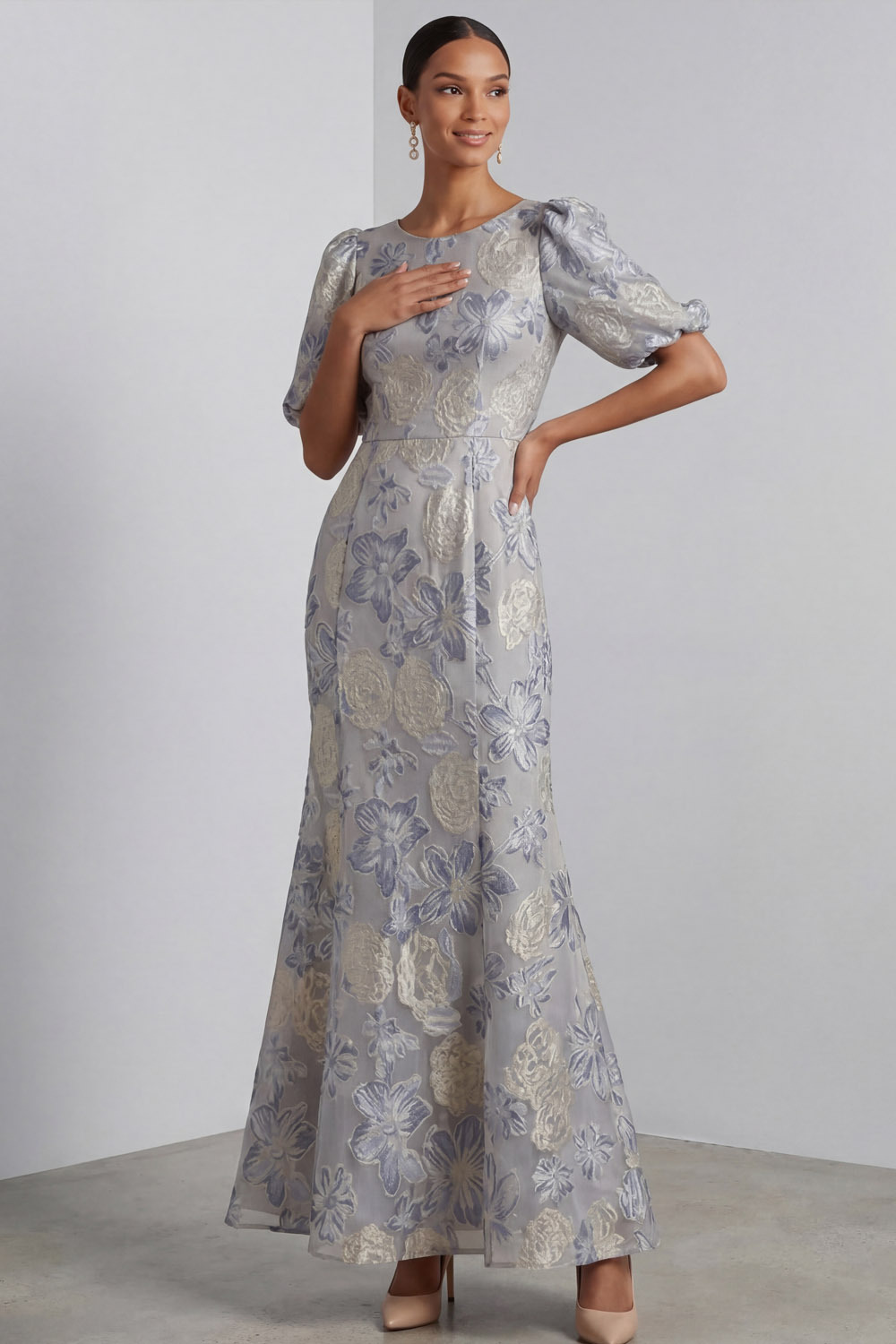 Dusty Blue Floral Wedding Guest Dress Puff Sleeve Maxi Dress 