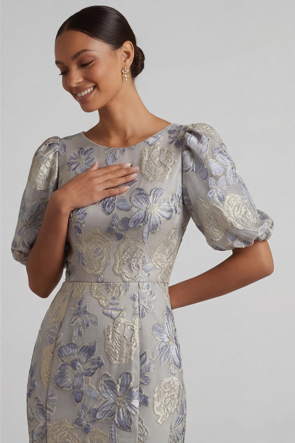 Dusty Blue Floral Wedding Guest Dress Puff Sleeve Maxi Dress 