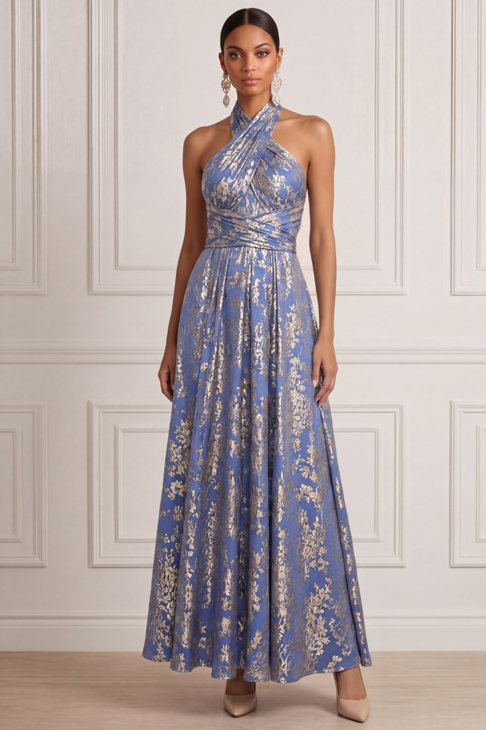 Blue Wedding Guest Dress A-Line Halter Floral Maxi Dress