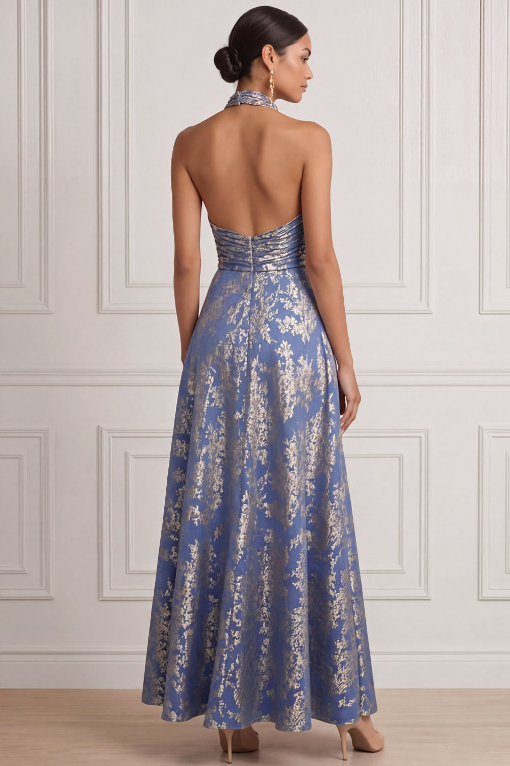 Blue Wedding Guest Dress A-Line Halter Floral Maxi Dress