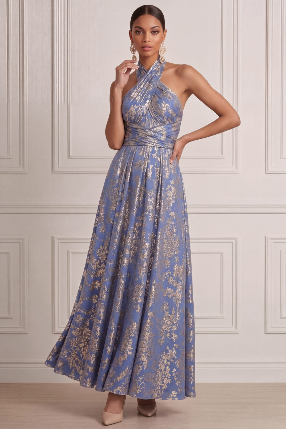 Blue Wedding Guest Dress A-Line Halter Floral Maxi Dress