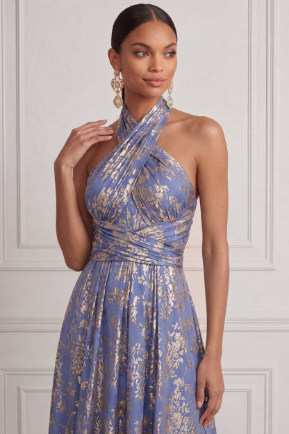 Blue Wedding Guest Dress A-Line Halter Floral Maxi Dress