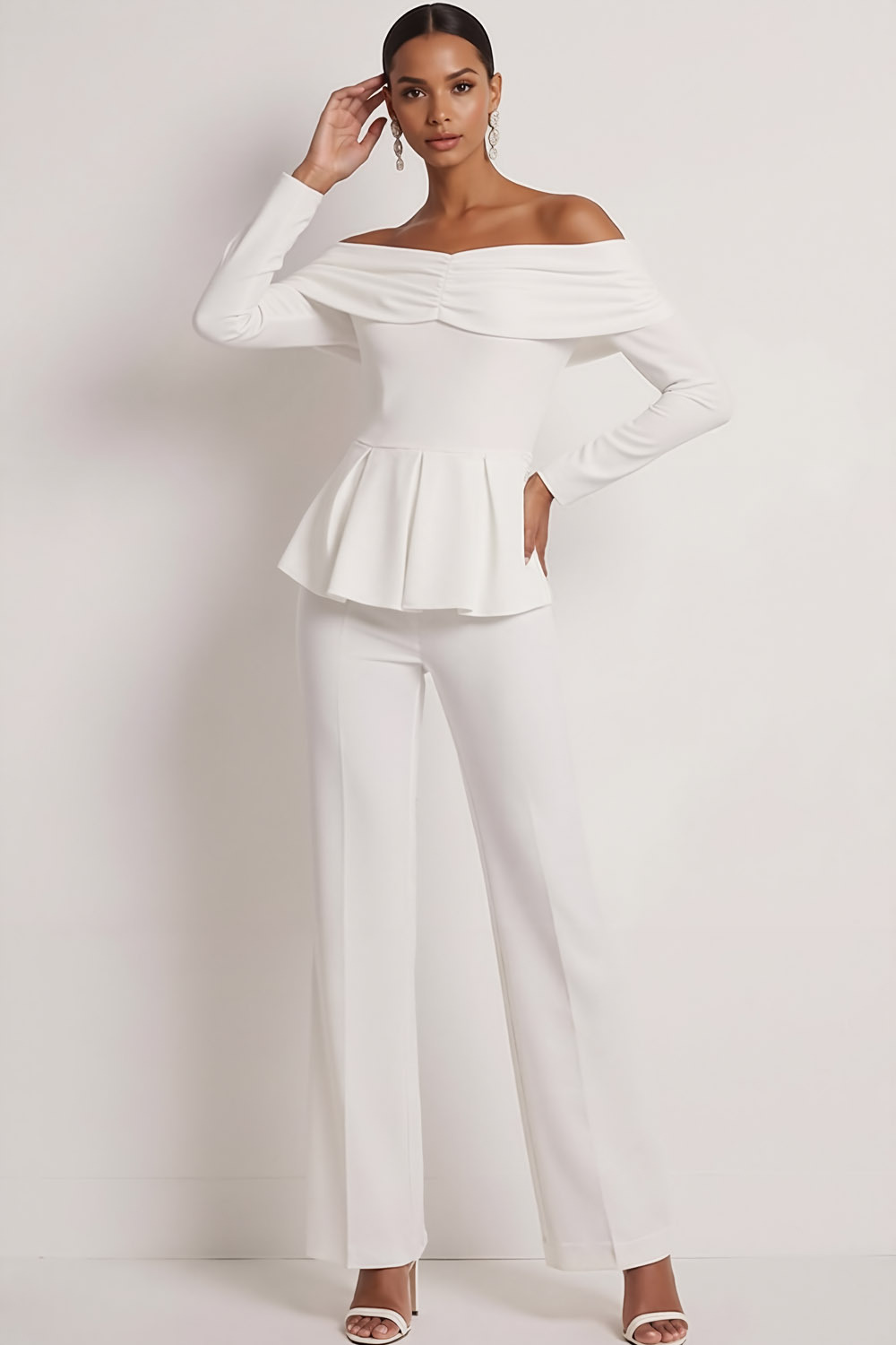 White Party Suit Sets Off the Shoulder Long Sleeve Pants Set