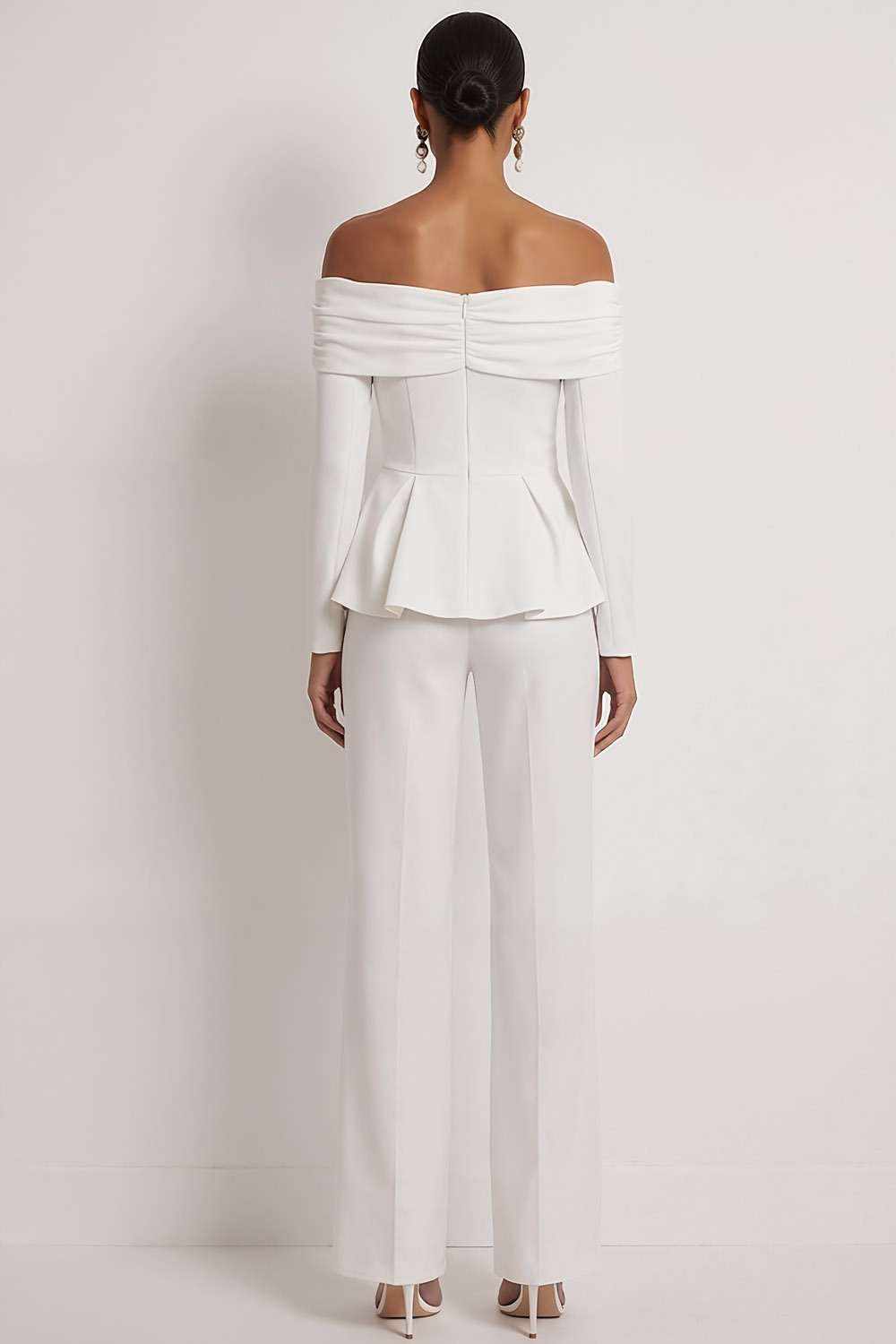 White Party Suit Sets Off the Shoulder Long Sleeve Pants Set