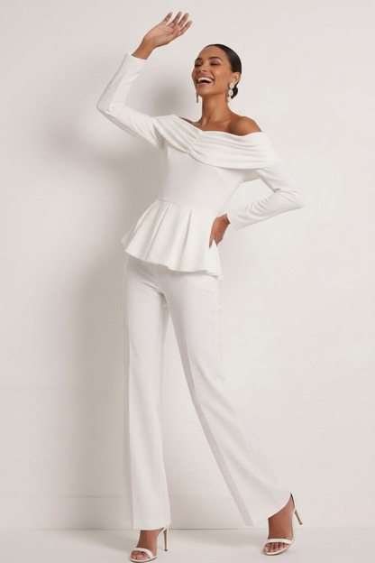 White Party Suit Sets Off the Shoulder Long Sleeve Pants Set