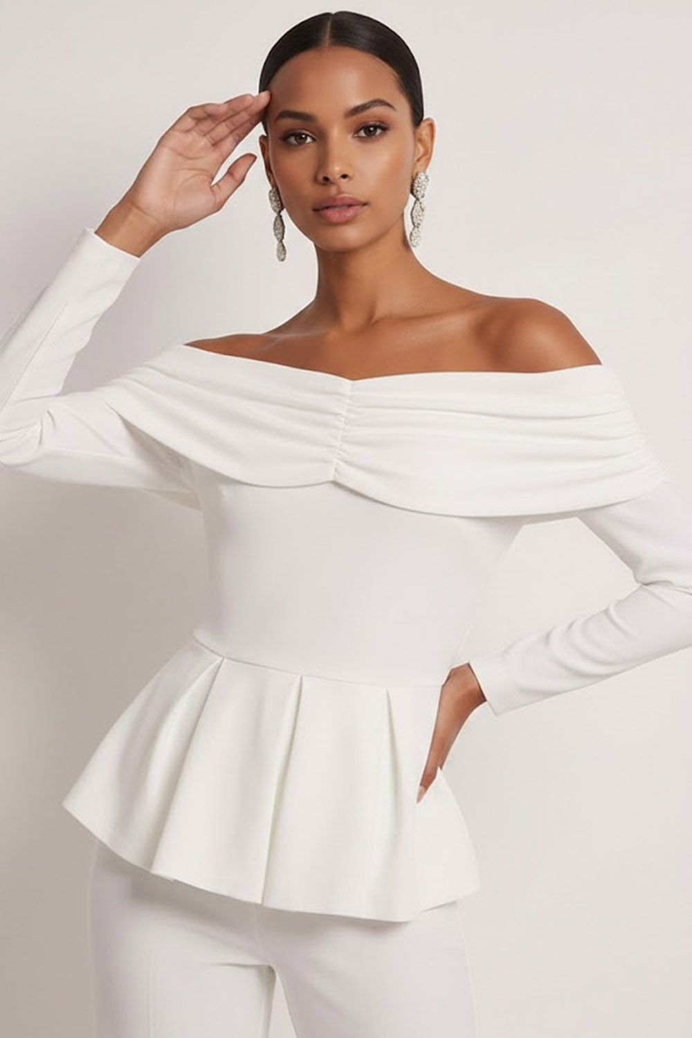 White Party Suit Sets Off the Shoulder Long Sleeve Pants Set