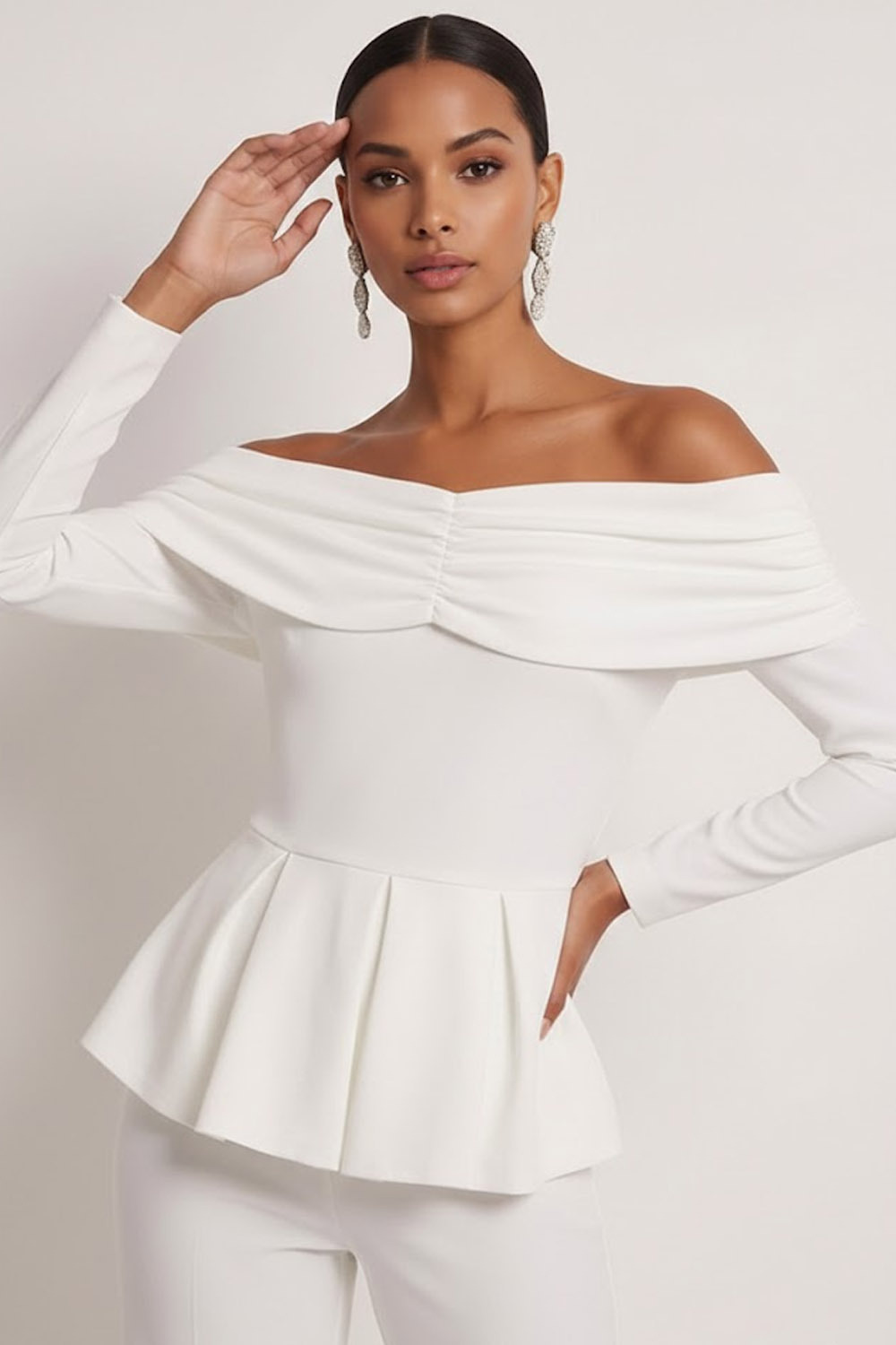White Party Suit Sets Off the Shoulder Long Sleeve Pants Set