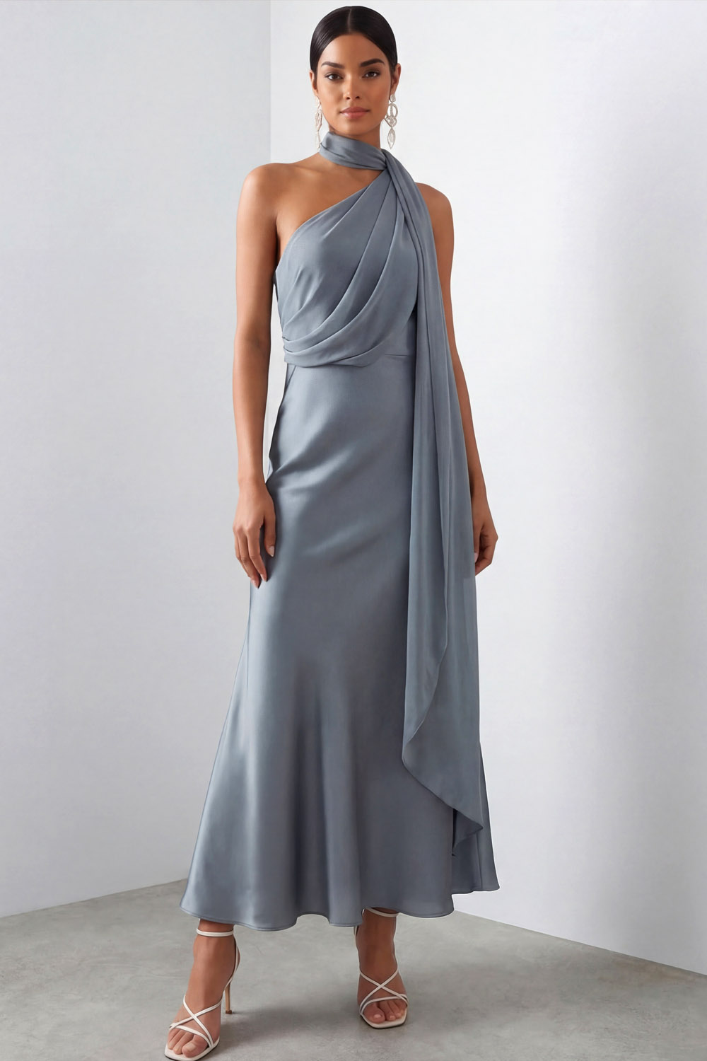 Dusty Blue Formal Evening Dress A-Line Halter Satin Maxi Dress 