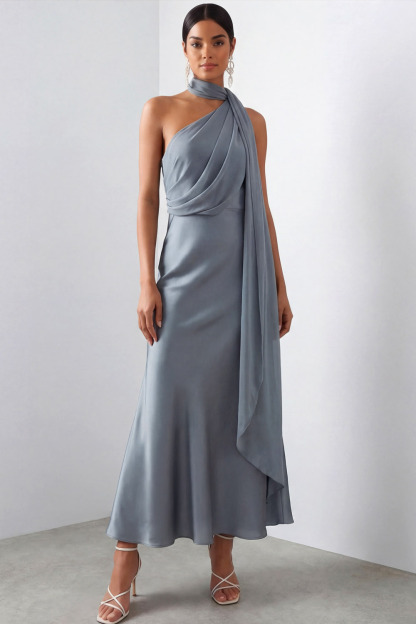 Dusty Blue Formal Evening Dress A-Line Halter Satin Maxi Dress 
