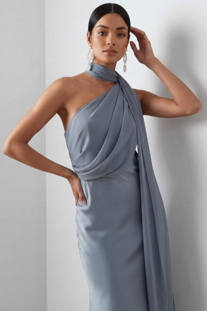 Dusty Blue Formal Evening Dress A-Line Halter Satin Maxi Dress 