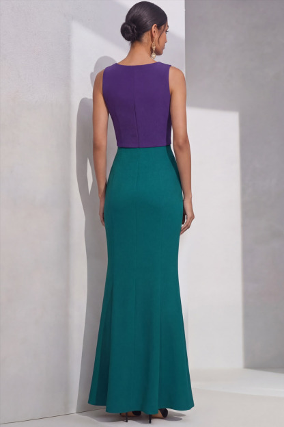 Peacock Blue Formal Prom Dress Mermaid Crew Neck Maxi Dress 