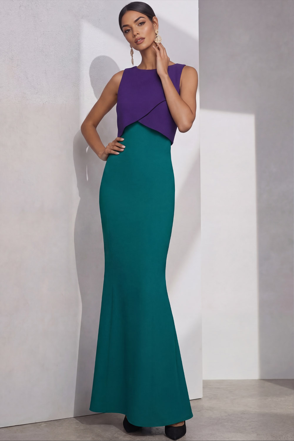Peacock Blue Formal Prom Dress Mermaid Crew Neck Maxi Dress 