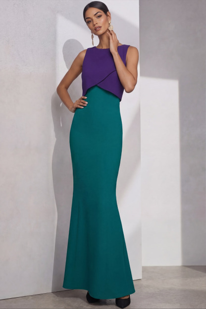 Peacock Blue Formal Prom Dress Mermaid Crew Neck Maxi Dress 
