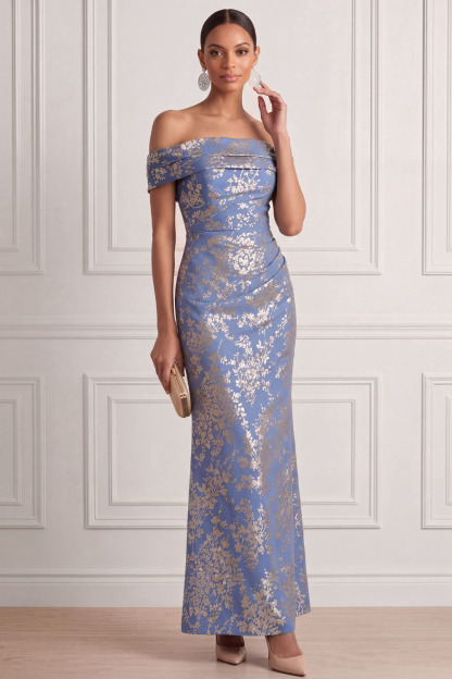 Blue Wedding Guest Dress Sheath Off the Shoulder Floral Maxi Dress