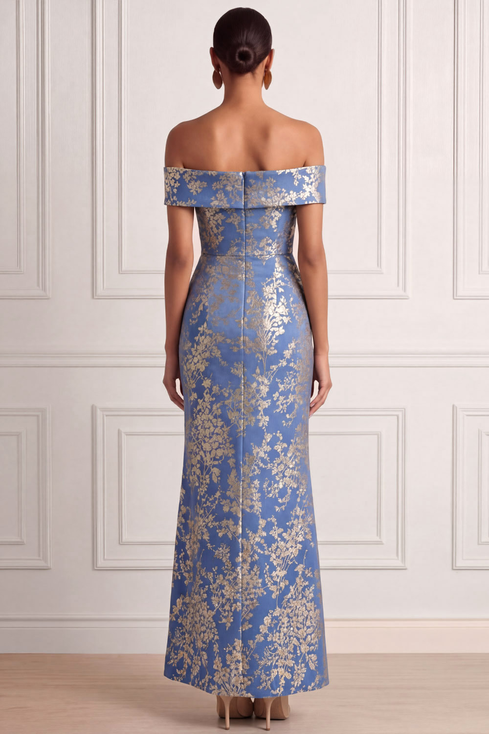 Blue Wedding Guest Dress Sheath Off the Shoulder Floral Maxi Dress