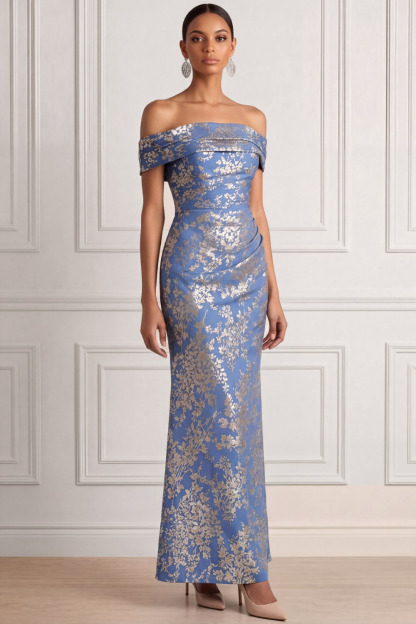 Blue Wedding Guest Dress Sheath Off the Shoulder Floral Maxi Dress