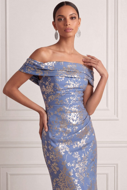 Blue Wedding Guest Dress Sheath Off the Shoulder Floral Maxi Dress