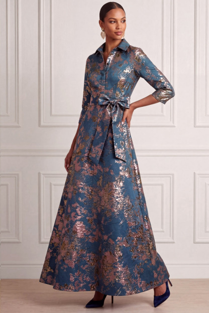 Blue Wedding Guest Dress Point Collar Floral Maxi Dress with Bow