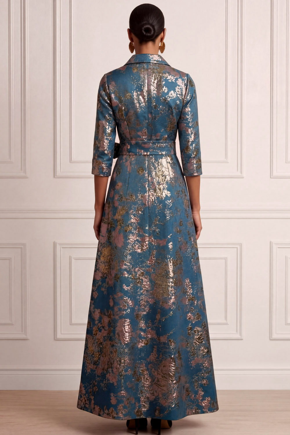 Blue Wedding Guest Dress Point Collar Floral Maxi Dress with Bow